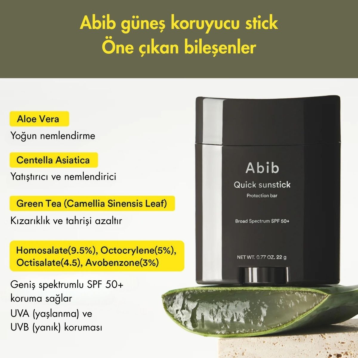 Abib, Quick Sun Stick Protection Bar OTC - USA Versiyonu (Güneş Koruyucu Stick, hızlı uygulama) 22g ürün görseli